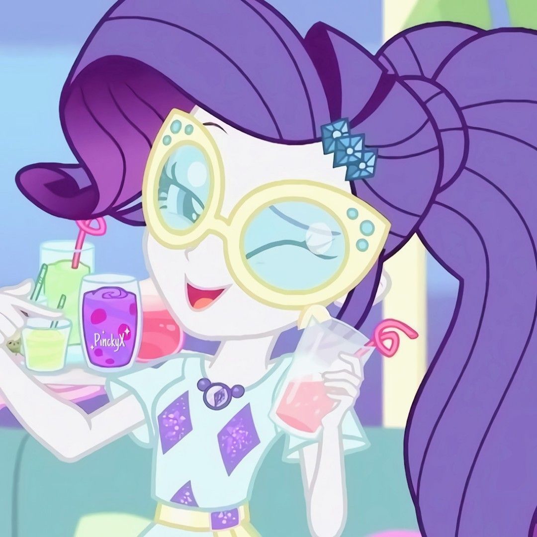 picture of rarity from my little pony equestria girls holding a sweet drink while wearing sunglasses